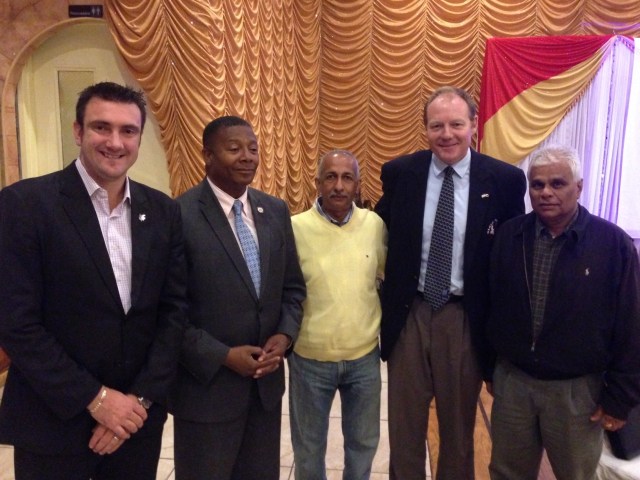 From left to right, ICC's Global Development Manager Tim Anderson, New York State Senator James Sanders, Eastern American Cricket Association President Rudy Persaud, USAC CEO Darren Beazley, and USACA Director Krish Prasad. Photo by Dyon Ravello